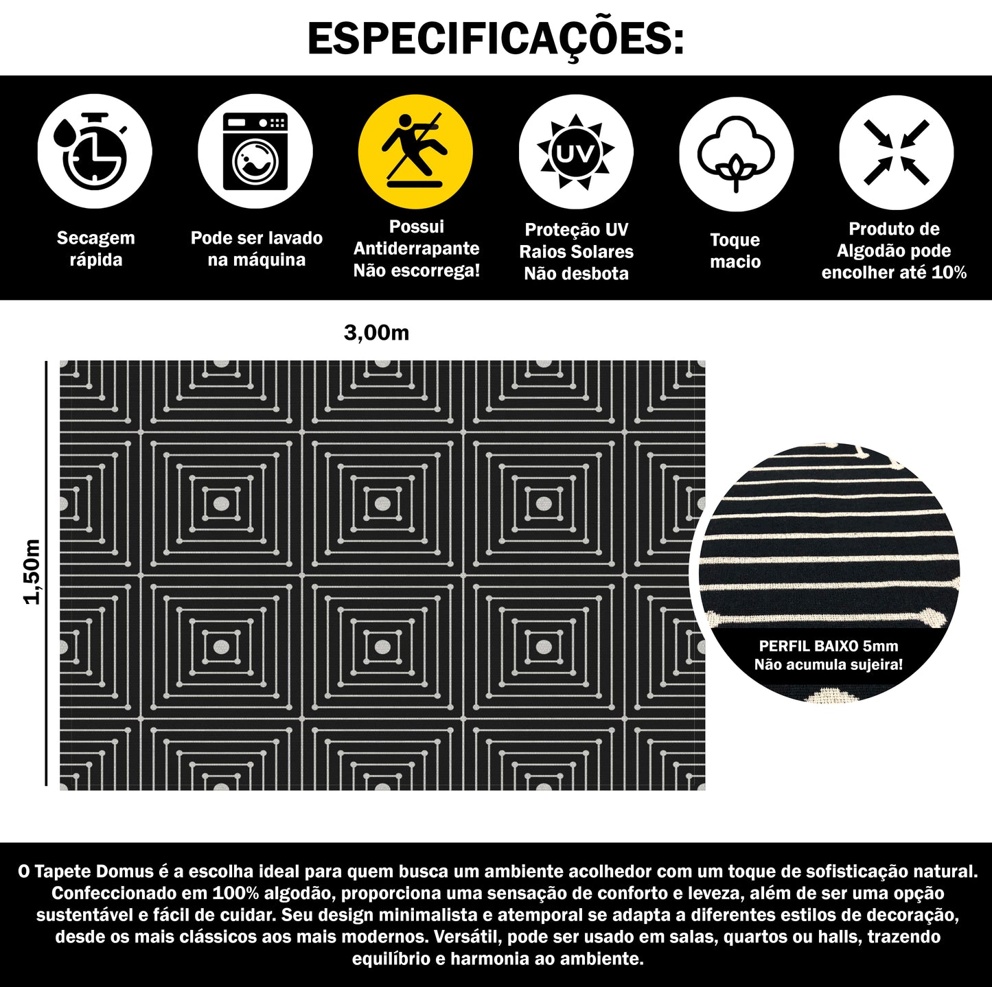 Tapete para Sala e Quarto 300x150cm Antiderrapante Domus