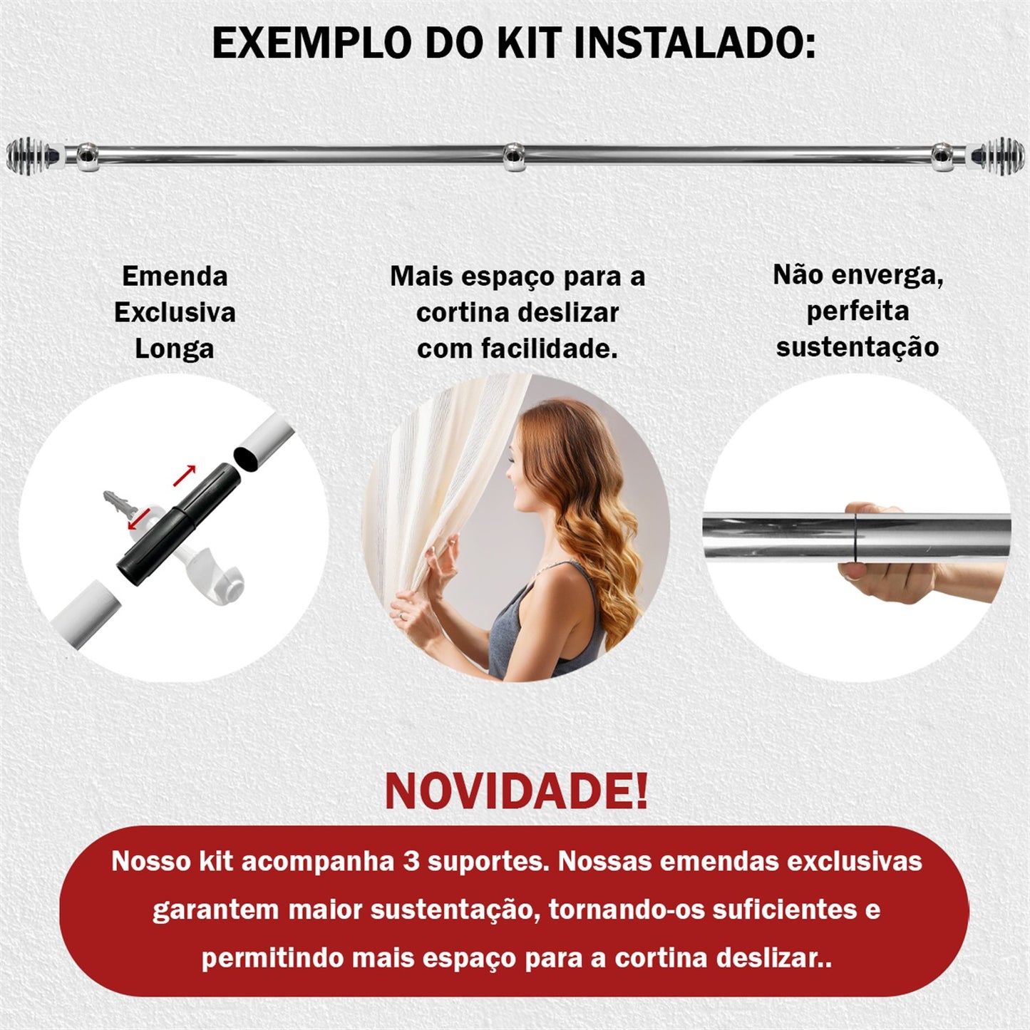 Varão de Cortina Alumínio 2,00m Suporte de Parede 4 Cores