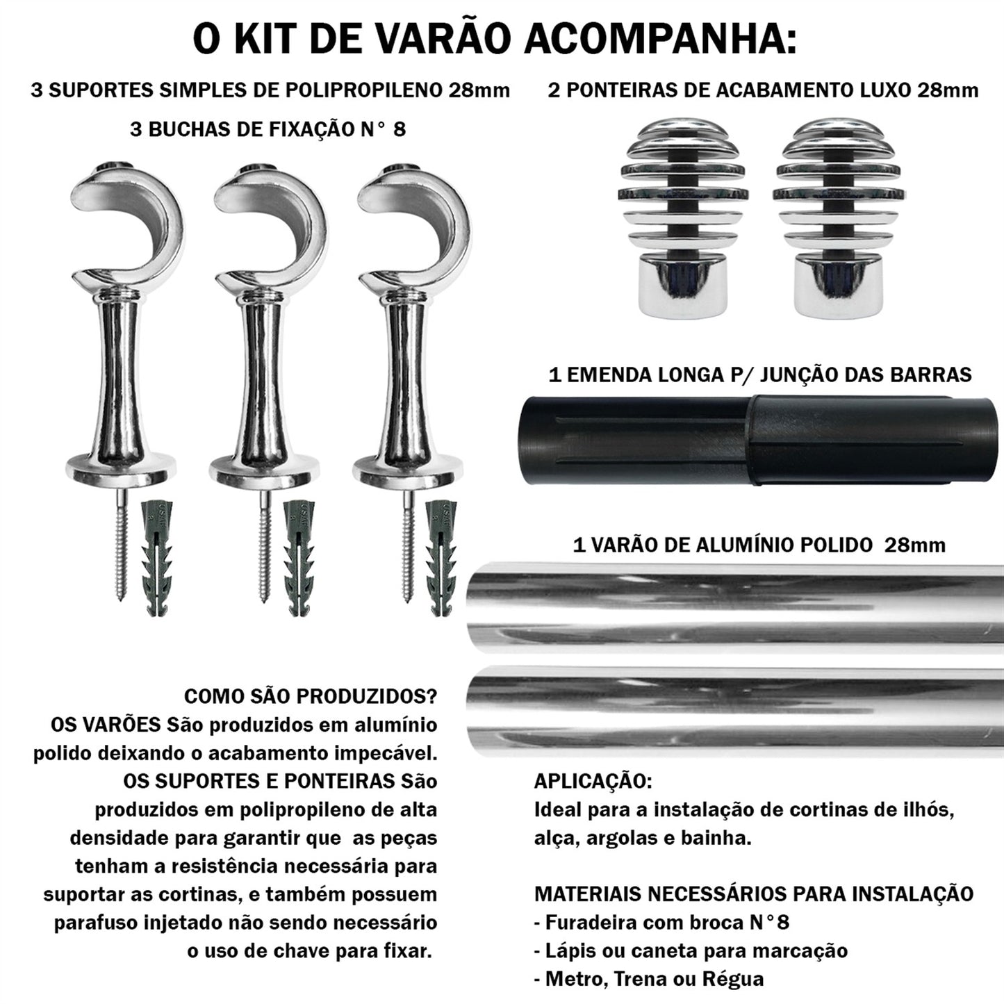 Varão de Cortina Alumínio 2,40m Suporte de Parede 4 Cores