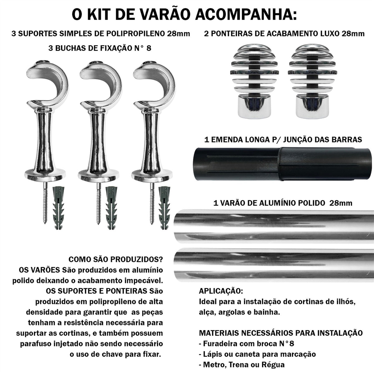 Varão de Cortina Imperial 2,50 metros 28mm - 4 cores