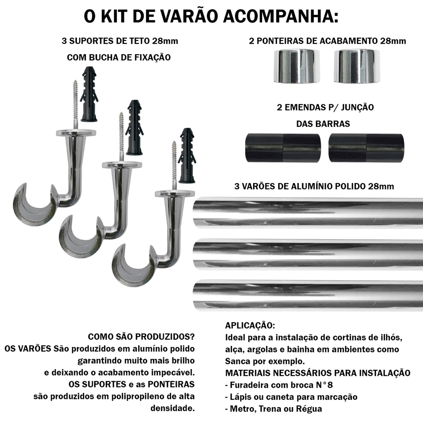 Varão de Cortina Alumínio Teto 3,00m 28mm 4 Cores