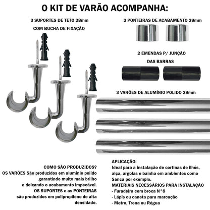 Varão de Cortina Alumínio Teto 3,00m 28mm 4 Cores