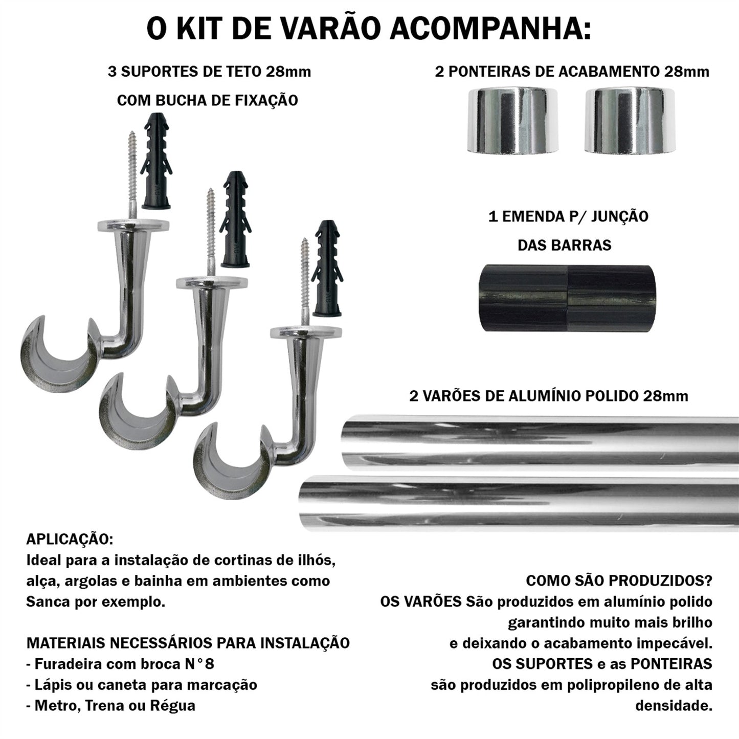 Varão de Cortina Alumínio Teto 2,00m 28mm 4 Cores