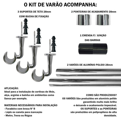 Varão de Cortina Alumínio Teto 2,00m 28mm 4 Cores