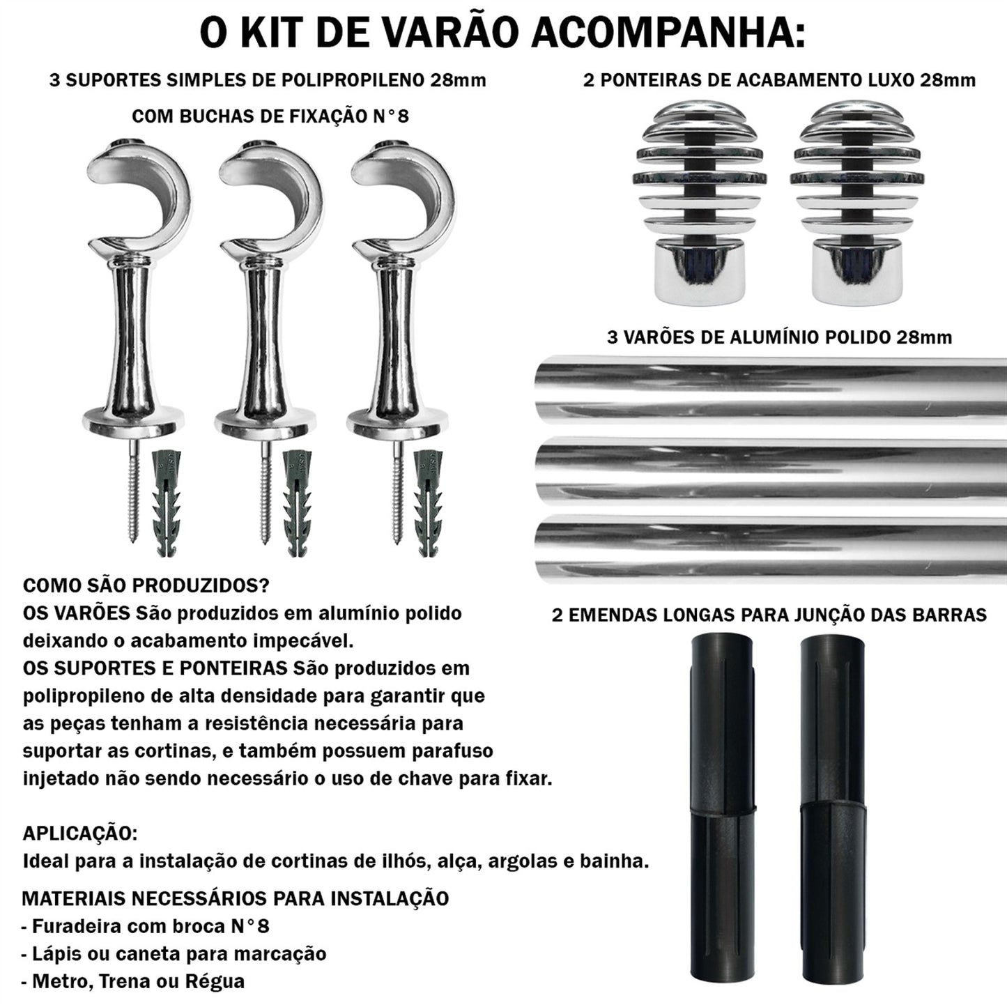 Varão de Cortina Alumínio 2,50m Suporte de Parede 4 Cores