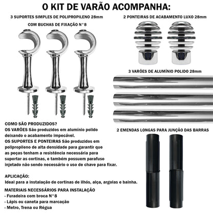Varão de Cortina Alumínio 2,50m Suporte de Parede 4 Cores