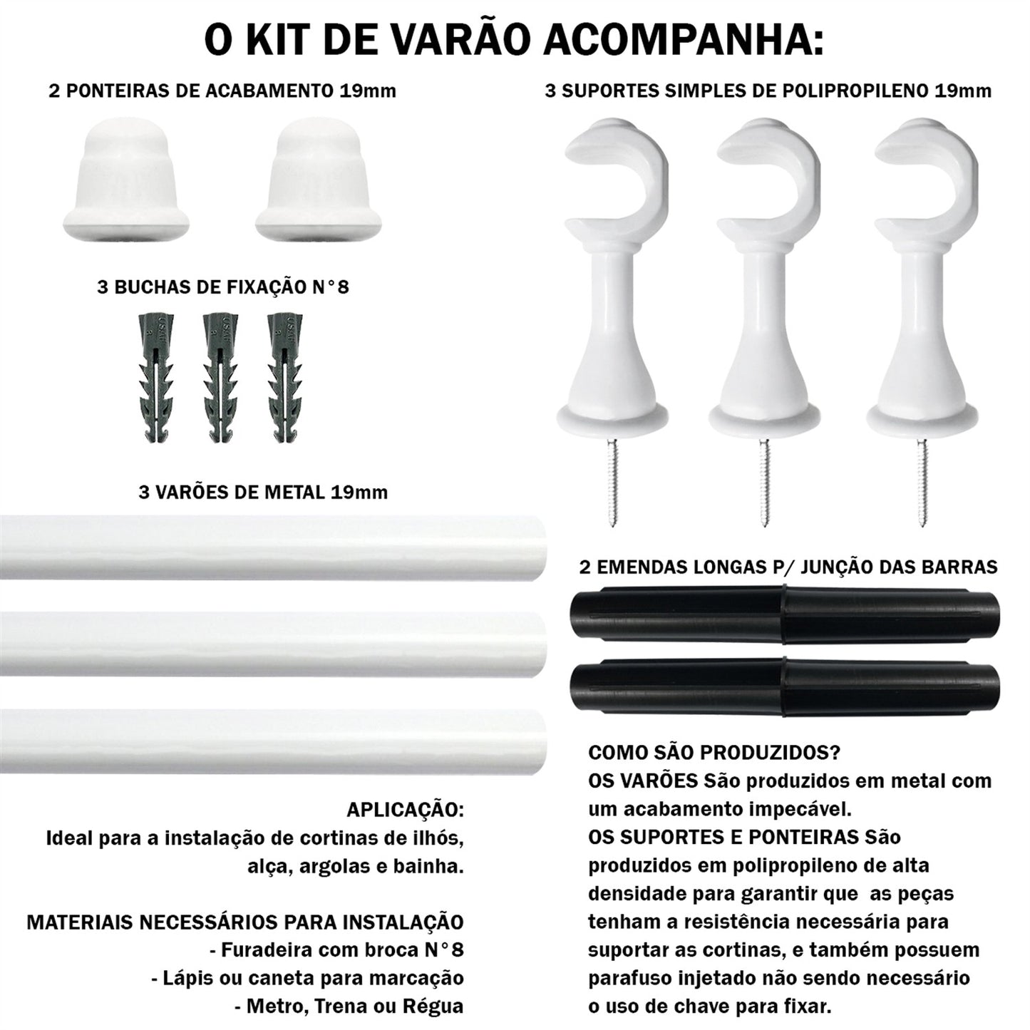 Varão de Cortina Alumínio 3,00m 19mm Simples 5 Cores