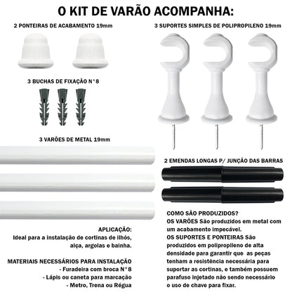 Varão de Cortina Alumínio 3,00m 19mm Simples 5 Cores