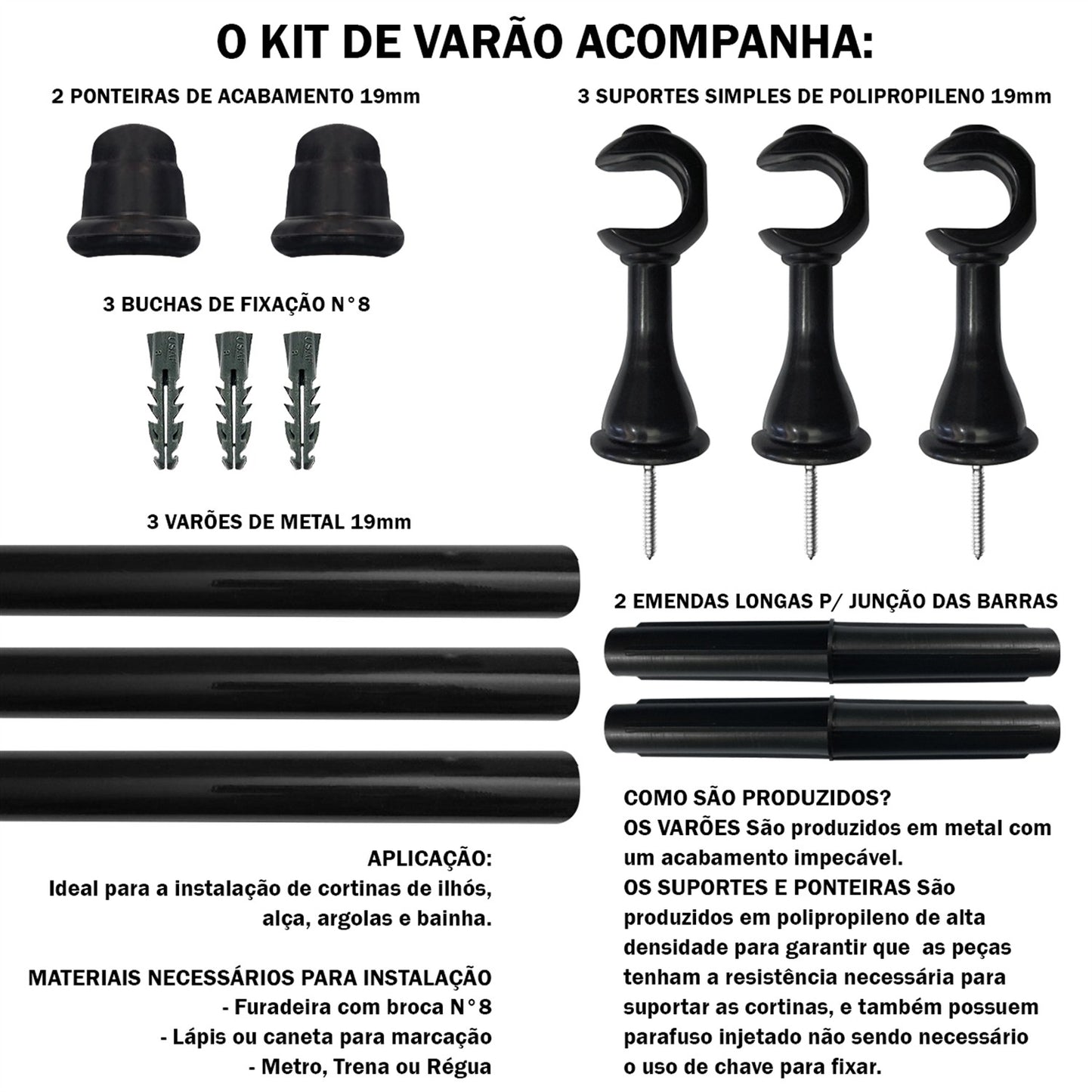 Varão de Cortina Alumínio 2,50m 19mm Simples 5 Cores