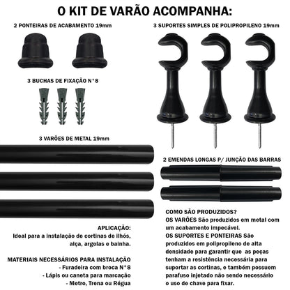 Varão de Cortina Alumínio 2,50m 19mm Simples 5 Cores