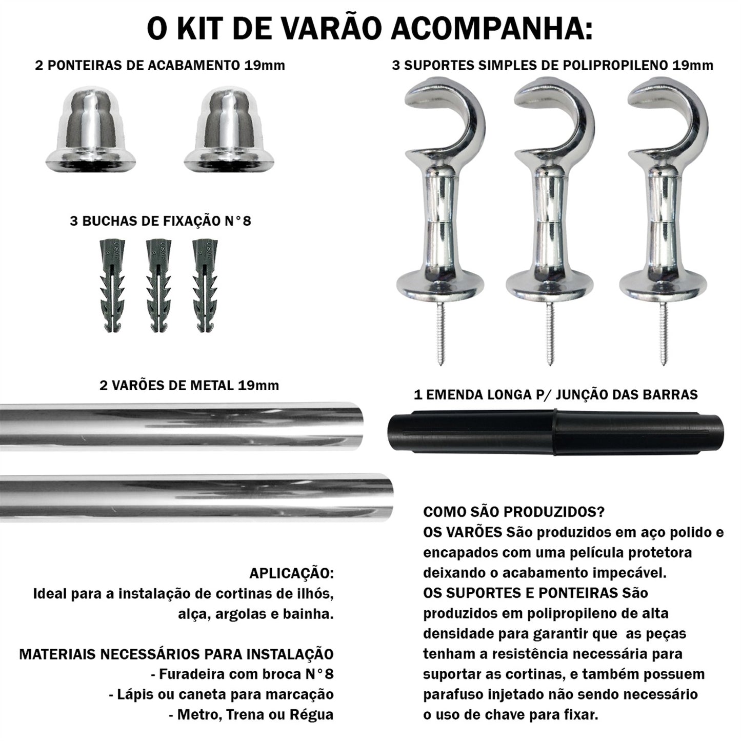 Varão de Cortina Simples 1,50m 19mm Simples 5 Cores