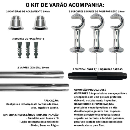 Varão de Cortina Simples 1,50m 19mm Simples 5 Cores