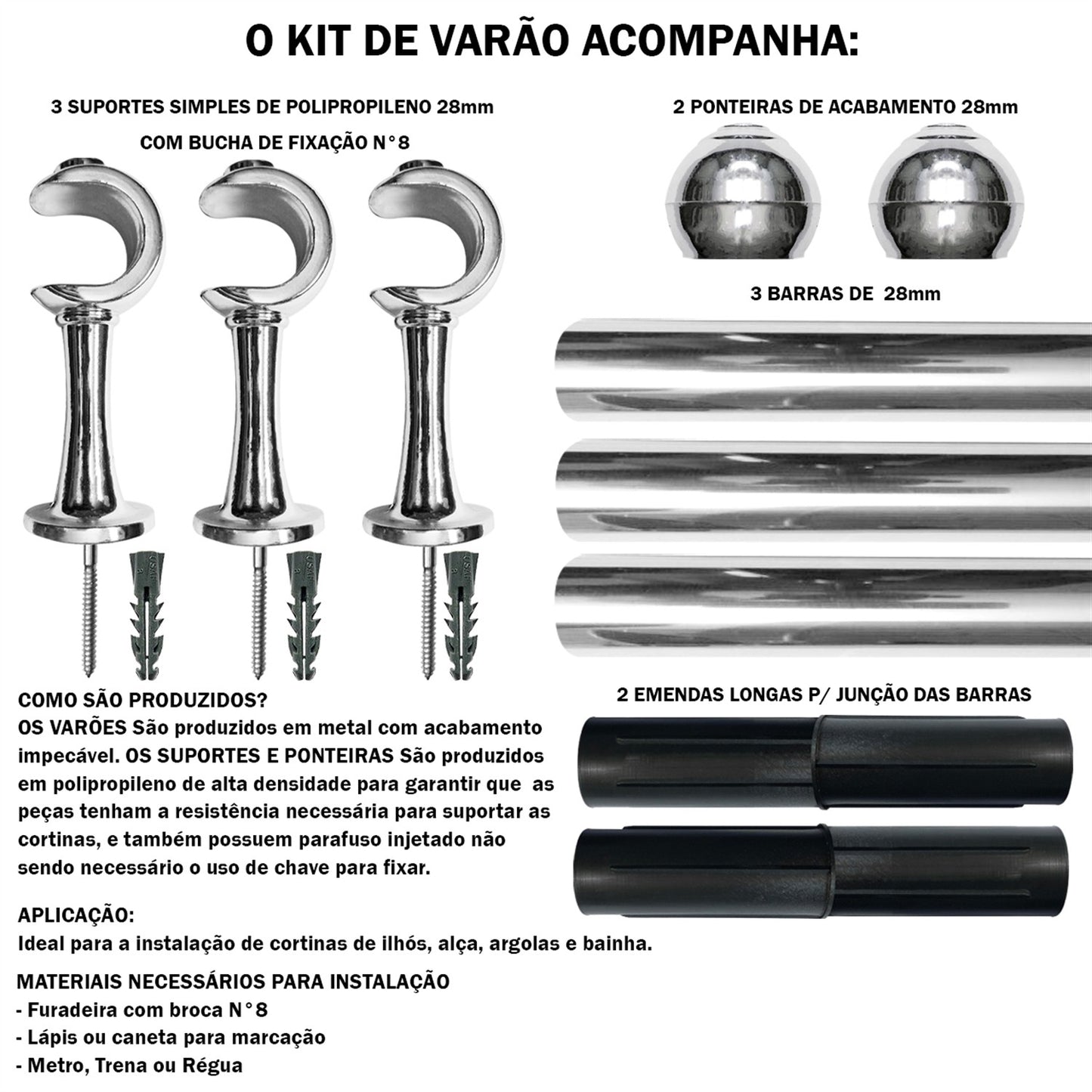 Varão de Cortina Simples 2,50m 28mm Simples 5 Cores