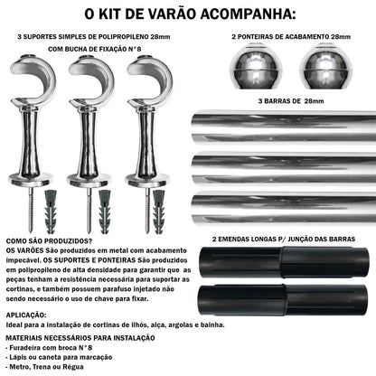 Varão de Cortina Simples 2,50m 28mm Simples 5 Cores