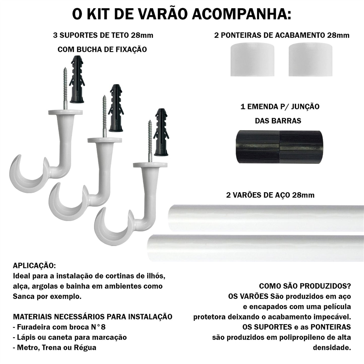 Varão de Cortina Alumínio Teto 1,50m 28mm 4 Cores