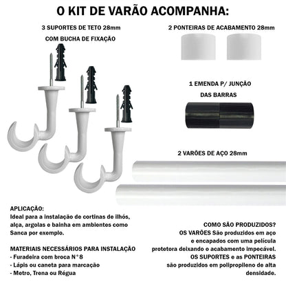 Varão de Cortina Alumínio Teto 1,50m 28mm 4 Cores