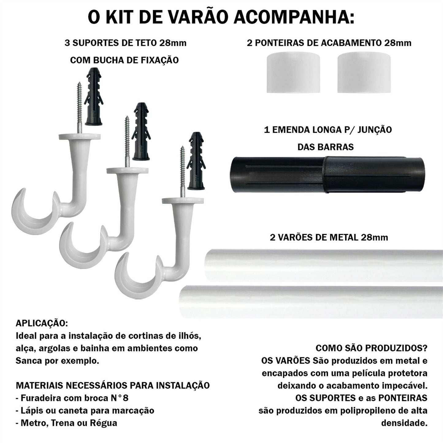 Varão de Cortina Teto 1,50m 28mm 4 Cores