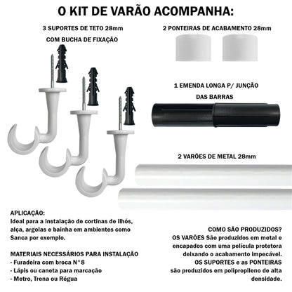 Varão de Cortina Teto 1,50m 28mm 4 Cores
