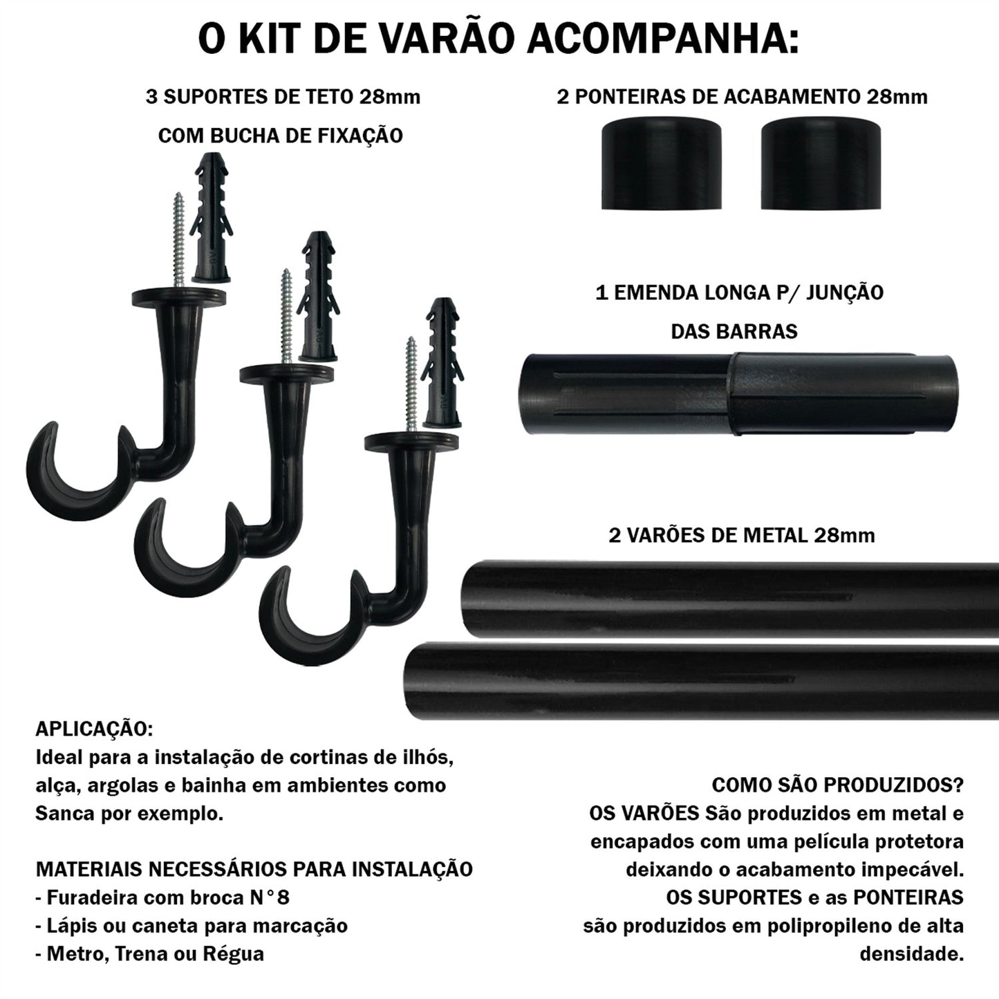 Varão de Cortina Teto 2,40m 28mm 4 Cores
