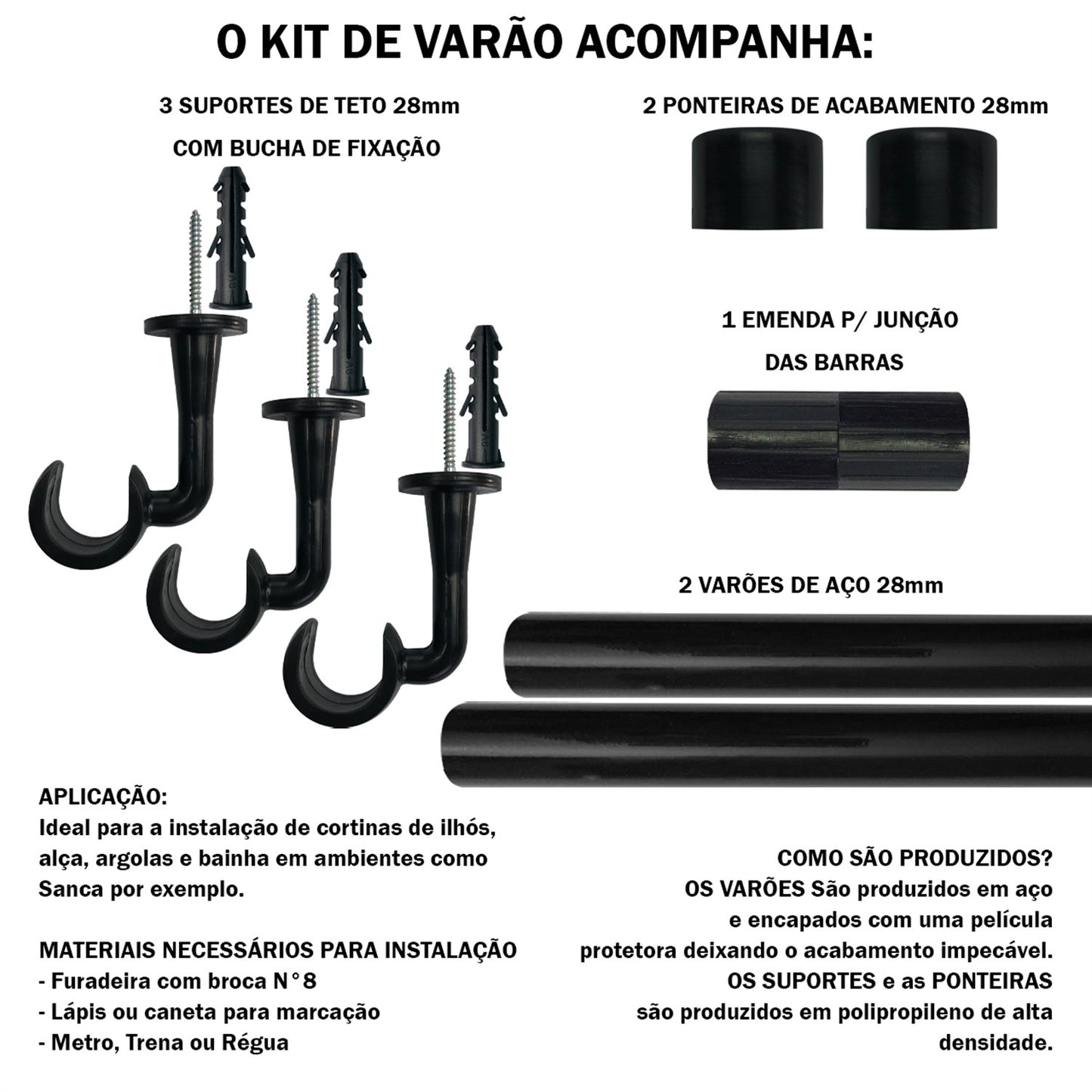 Varão de Cortina Alumínio Teto 2,40m 28mm 4 Cores