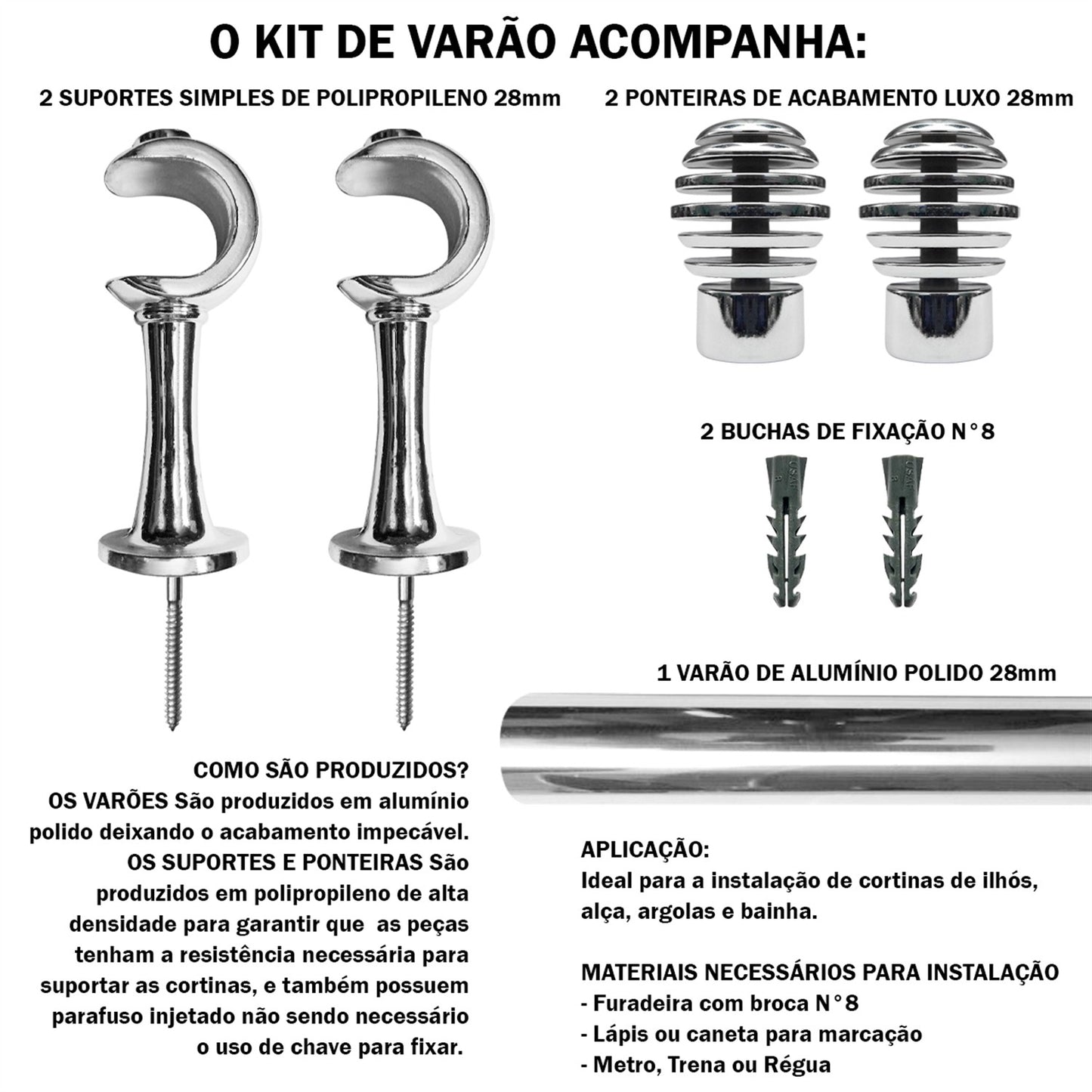 Varão de Cortina Alumínio 1,20m Suporte de Parede 4 Cores