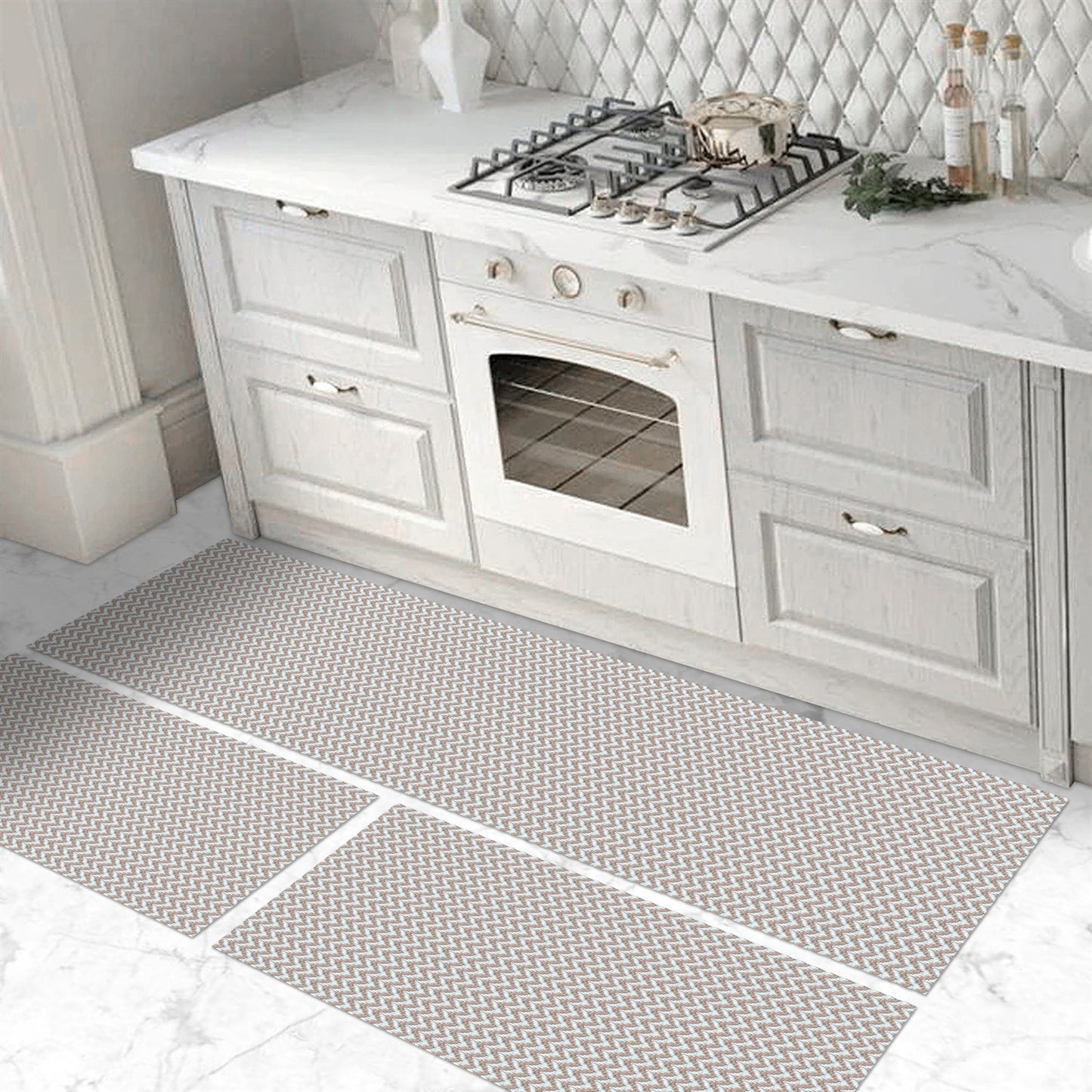 Tapete Passadeira Jogo de Cozinha 3 Peças Zig Zag - Nude