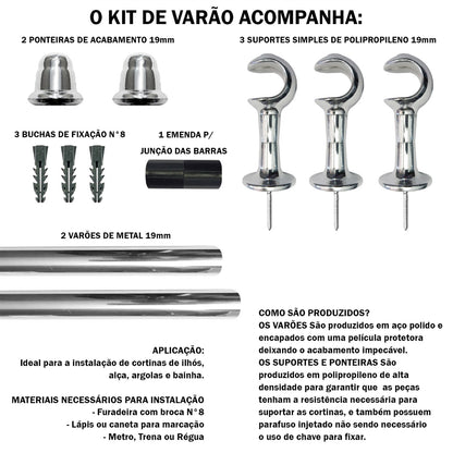 Varão de Cortina Alumínio 1,50m 19mm Simples 5 Cores