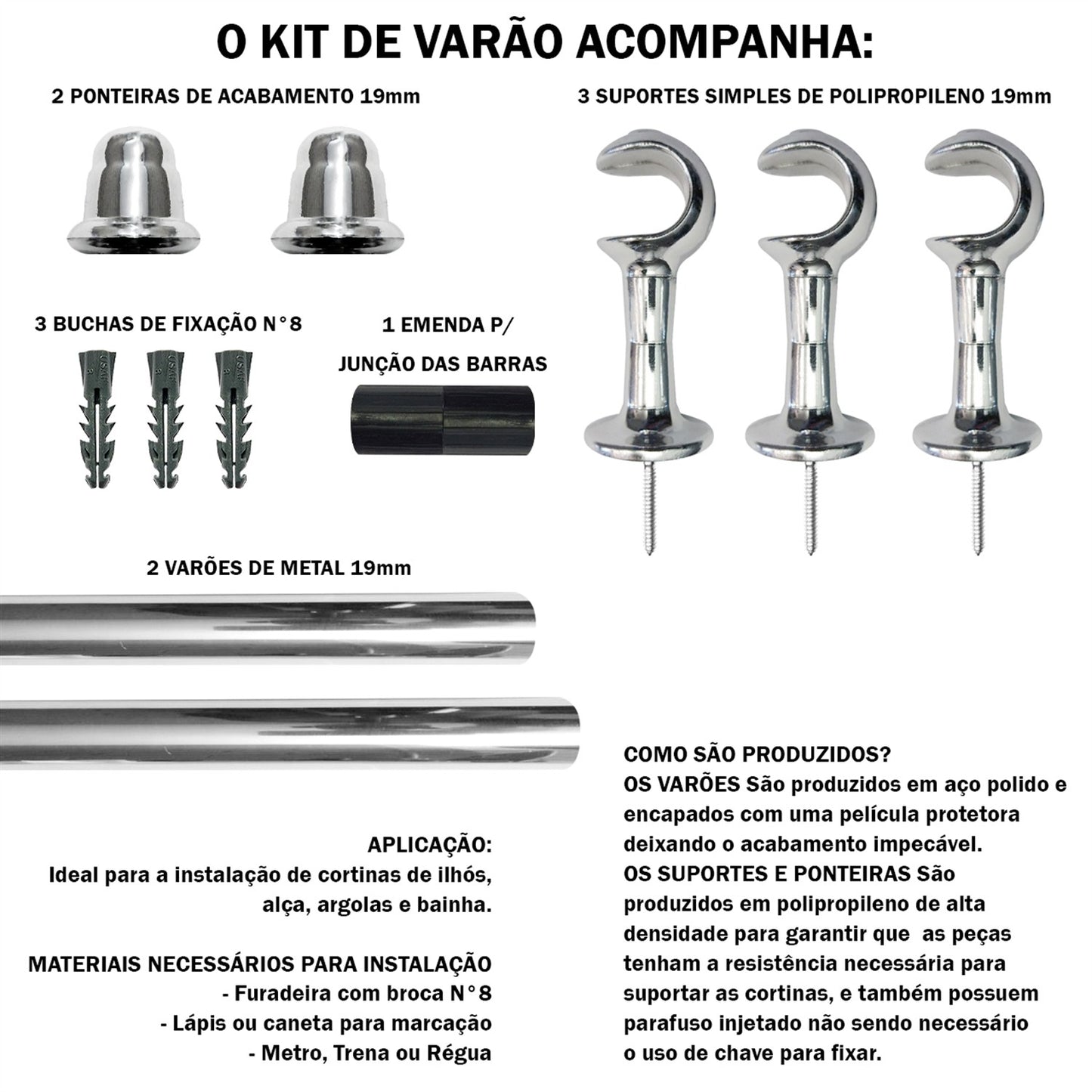 Varão de Cortina Alumínio 2,00m 19mm Simples 5 Cores
