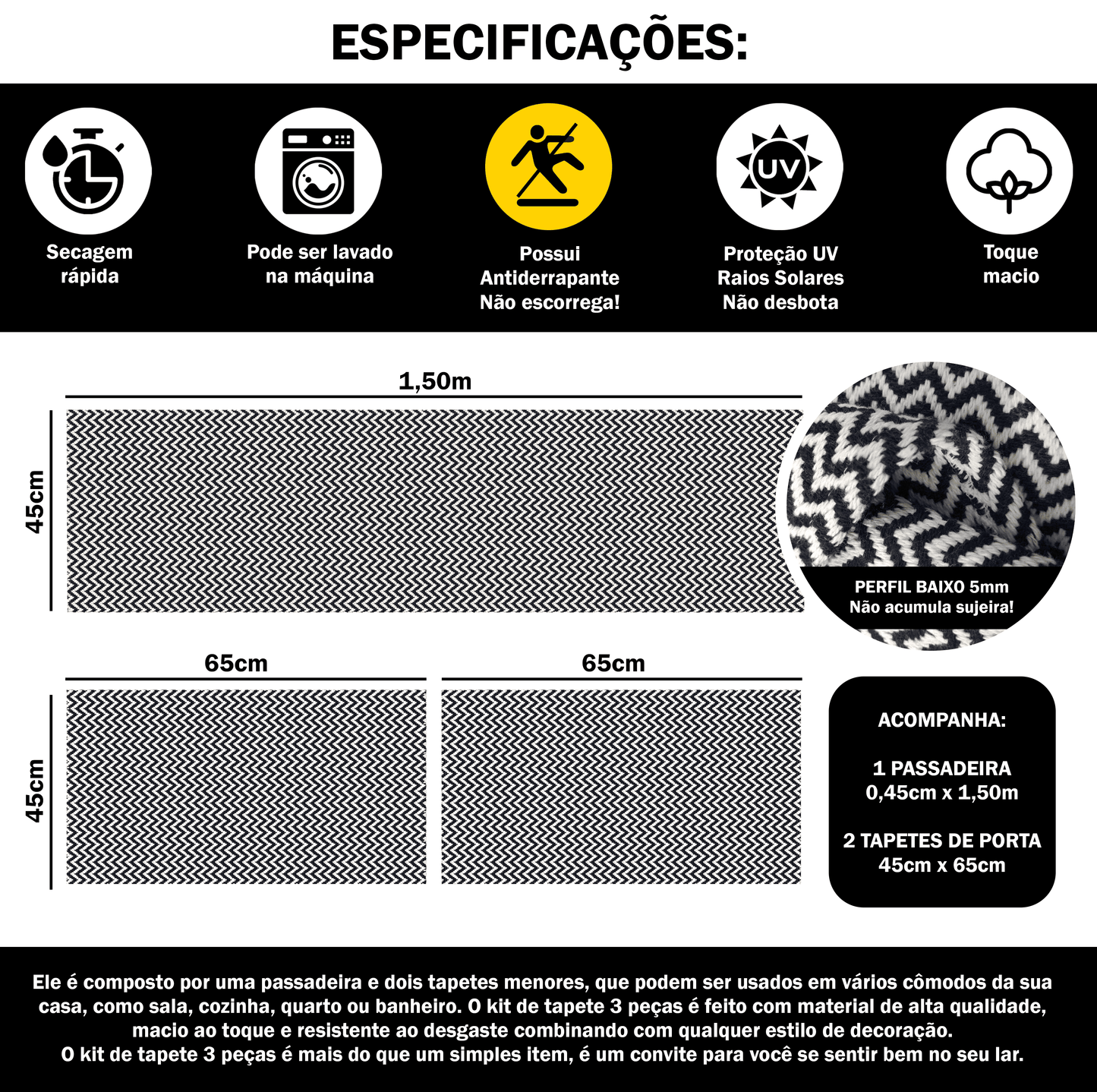 Tapete Passadeira Jogo de Cozinha 3 Peças Zig Zag - Preto