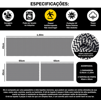 Tapete Passadeira Jogo de Cozinha 3 Peças Zig Zag - Preto