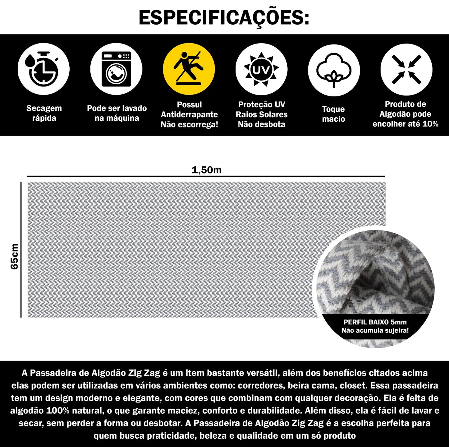 Passadeira Antiderrapante 150x65cm Beira de Cama Zig Zag Cinza