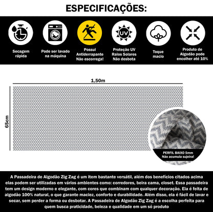 Passadeira Antiderrapante 150x65cm Beira de Cama Zig Zag Cinza