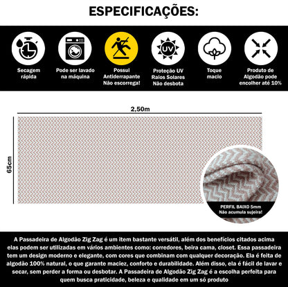 Passadeira Antiderrapante 250x65cm Beira de Cama Zig Zag Nude