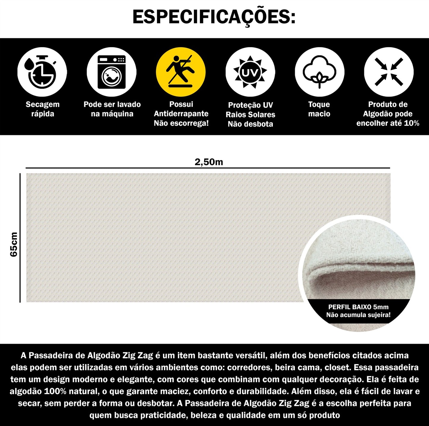 Passadeira Antiderrapante 250x65cm Beira de Cama Zig Zag Cru