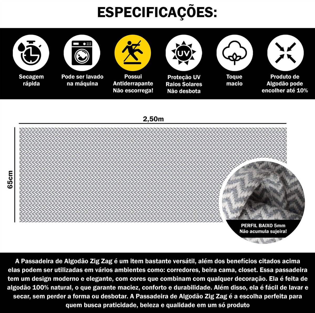 Tapete Passadeira Beira Cama 2,50m x 0,65m Zig Zag - Cinza
