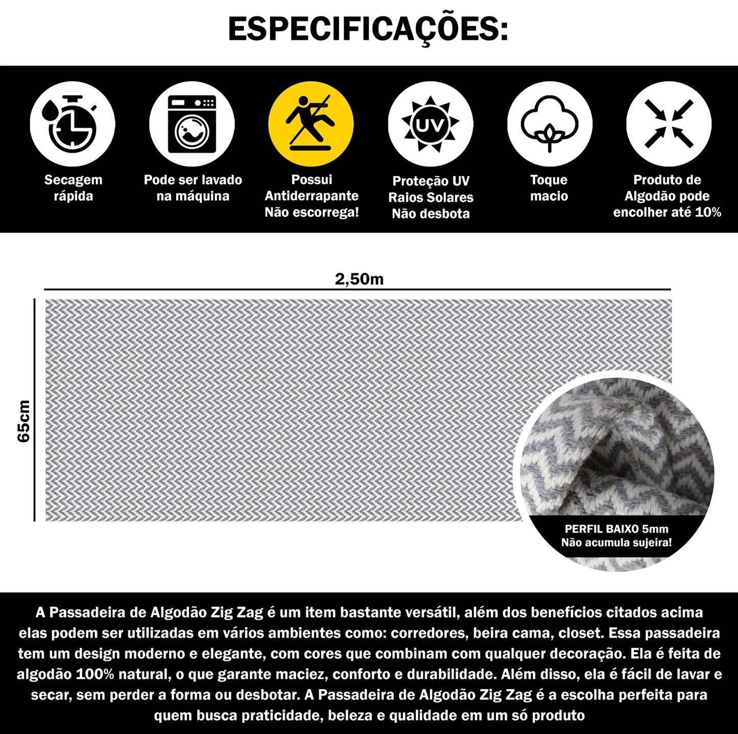 Passadeira Antiderrapante 250x65cm Beira de Cama Zig Zag Cinza