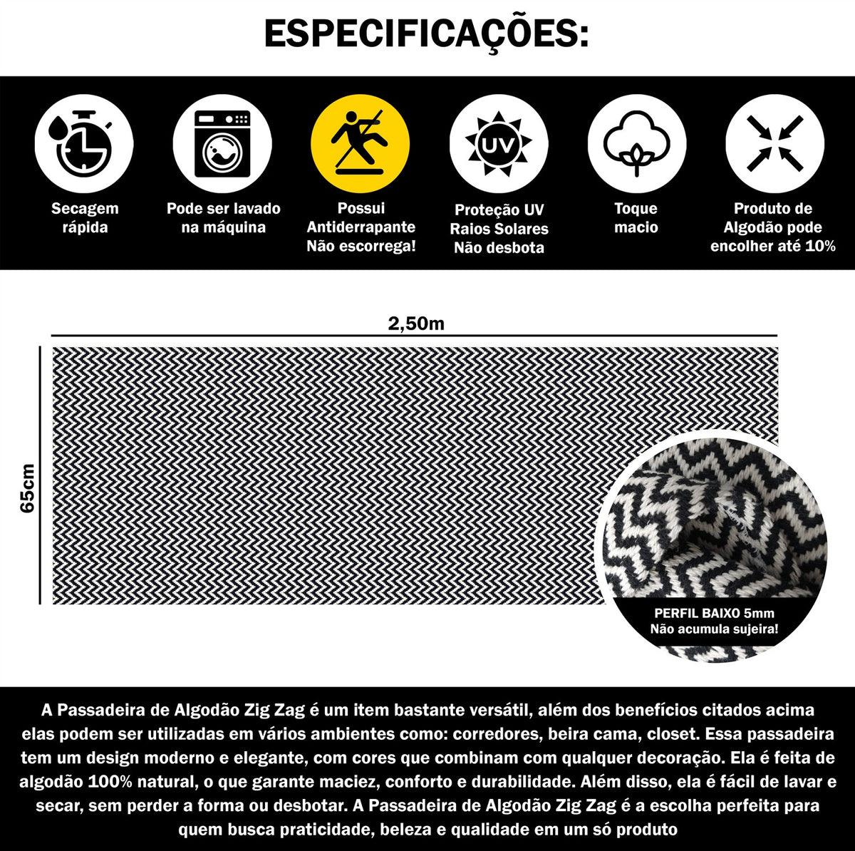 Tapete Passadeira Beira Cama 2,50m x 0,65m Zig Zag - Preto
