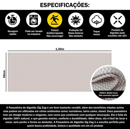 Passadeira Antiderrapante 150x65cm Beira de Cama Zig Zag Nude