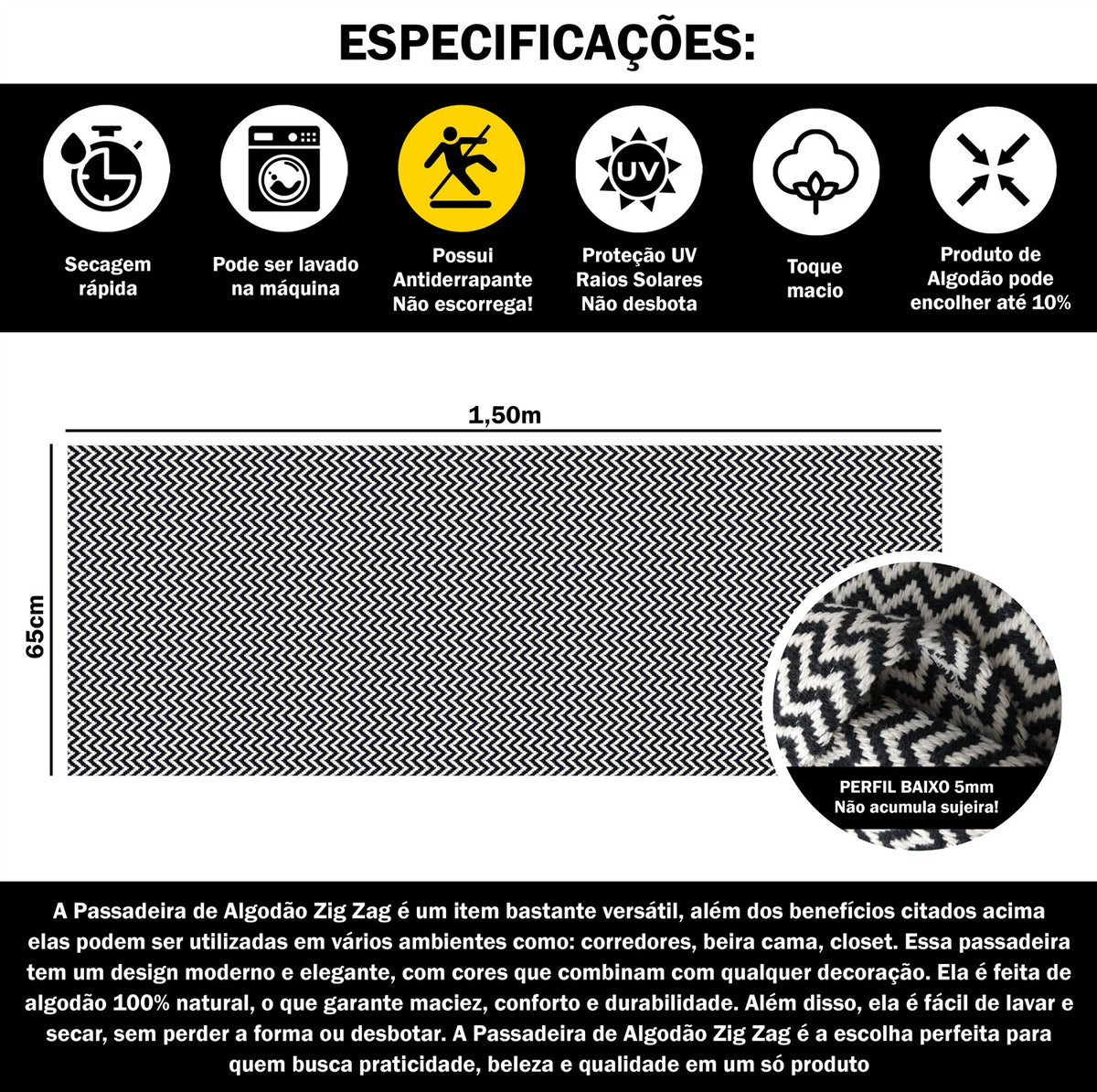 Tapete Passadeira Beira Cama 1,50m x 0,65m Zig Zag - Preto