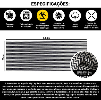Passadeira Antiderrapante 150x65cm Beira de Cama Zig Zag Preto