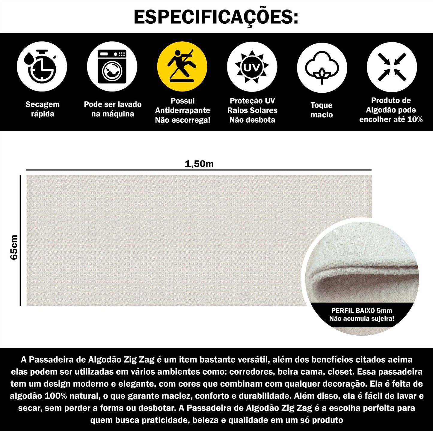 Passadeira Antiderrapante 150x65cm Beira de Cama Zig Zag Cru