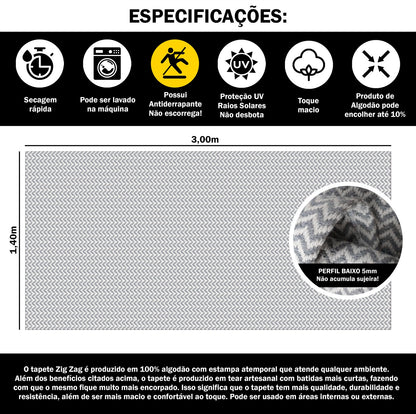 Tapete para Sala e Quarto 300x140cm Antiderrapante Zig Zag Cinza