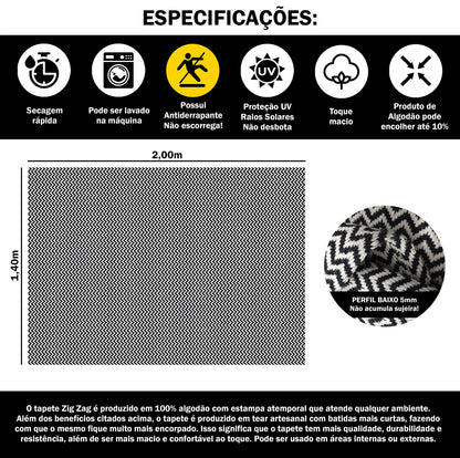 Tapete para Sala e Quarto 200x140cm Antiderrapante Zig Zag Preto
