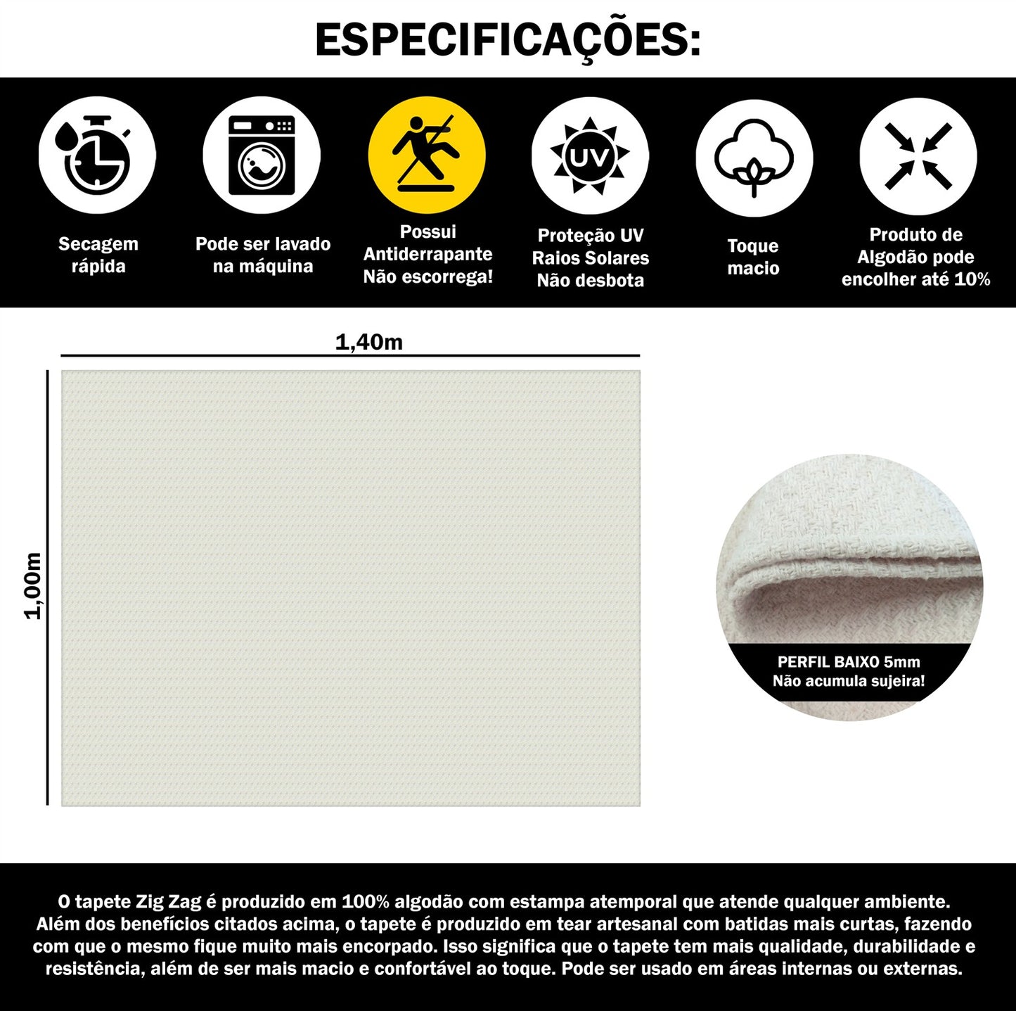 Tapete para Sala e Quarto 100x140cm Antiderrapante Zig Zag Cru