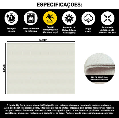 Tapete para Sala e Quarto 100x140cm Antiderrapante Zig Zag Cru