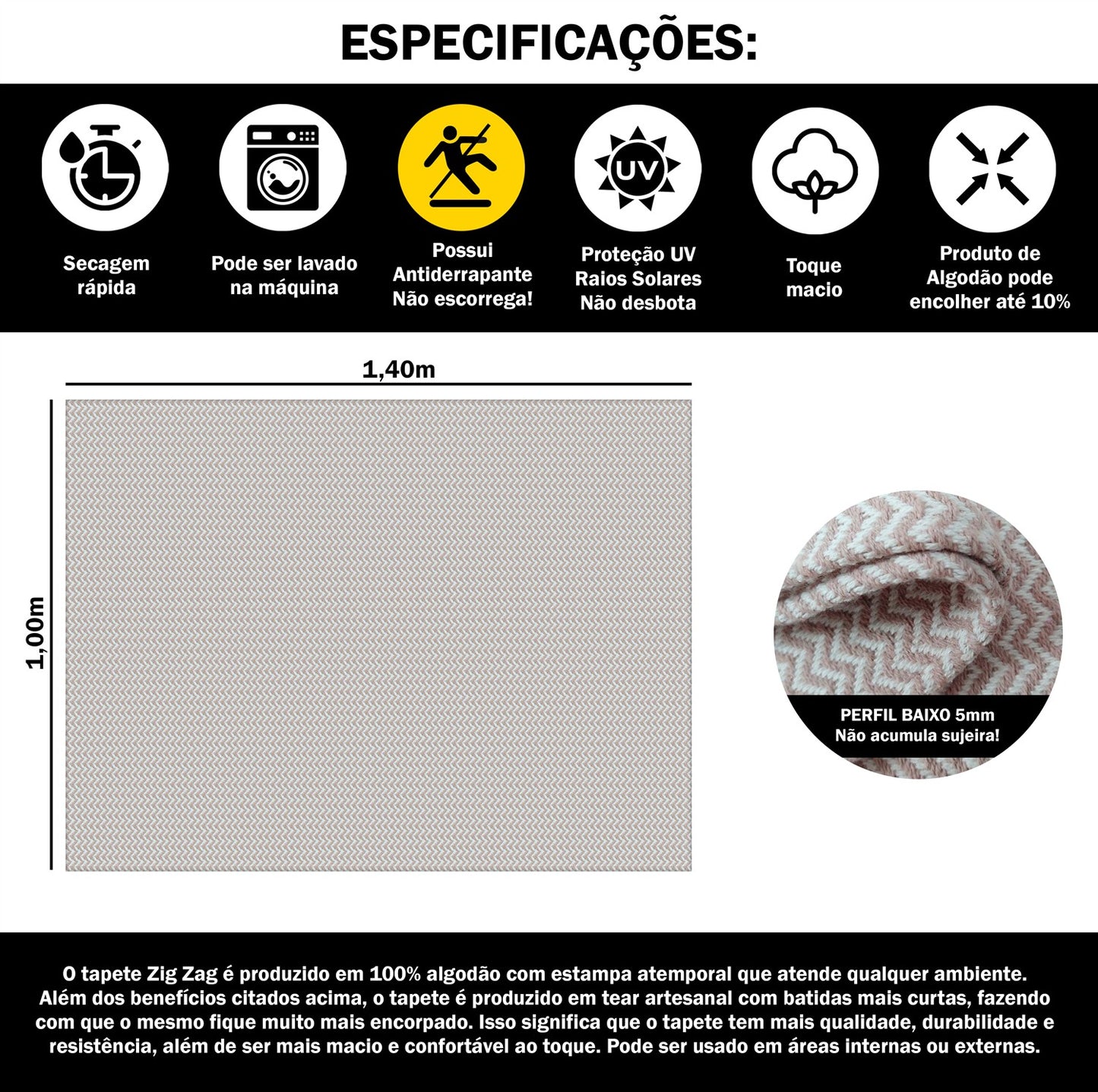 Tapete para Sala e Quarto 100x140cm Antiderrapante Zig Zag Nude