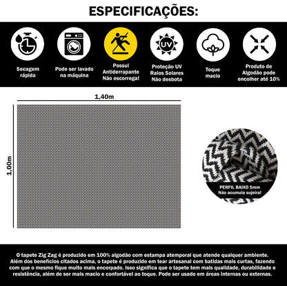 Tapete para Sala e Quarto 100x140cm Antiderrapante Zig Zag Preto