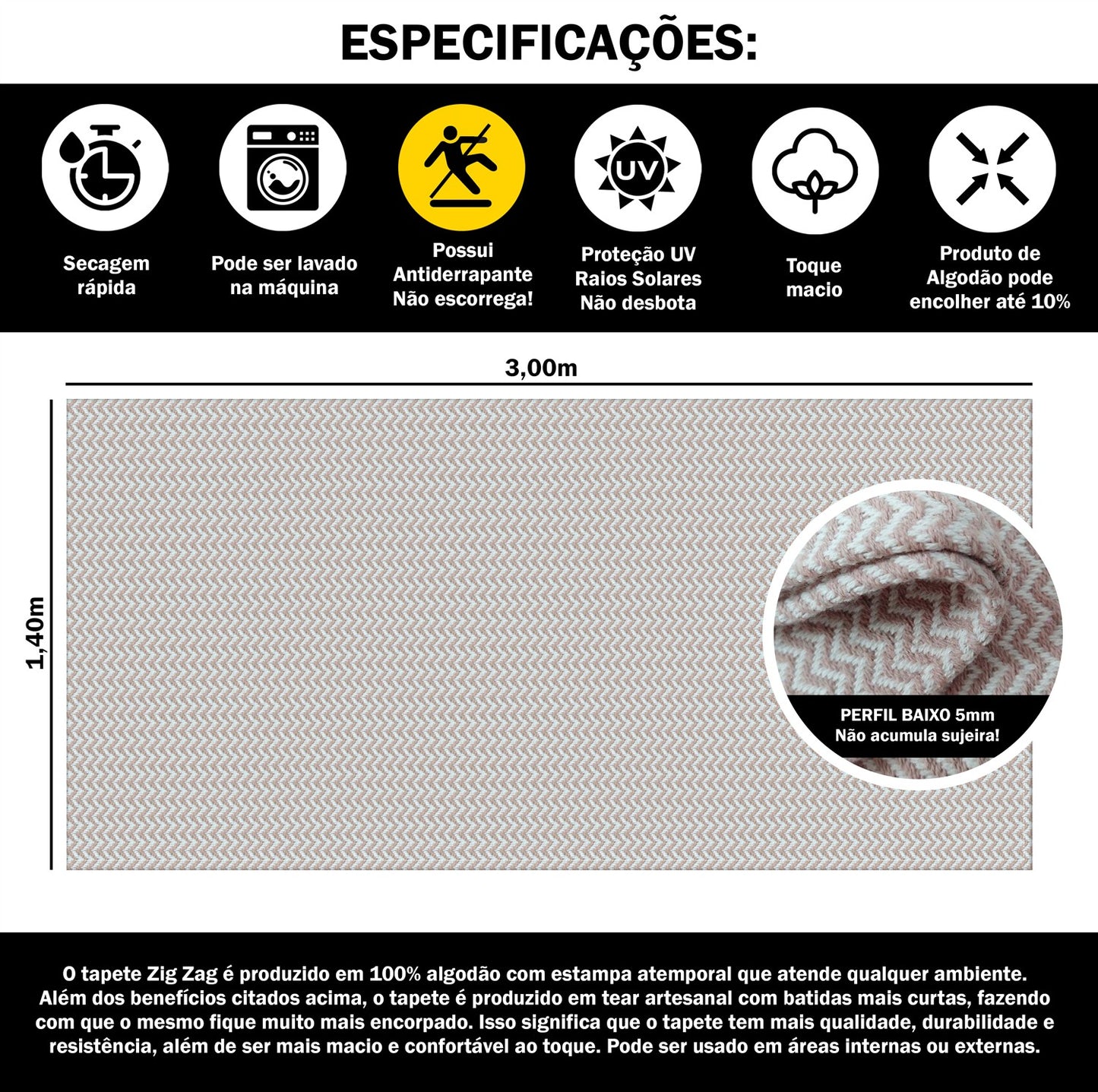 Tapete para Sala e Quarto 300x140cm Antiderrapante Zig Zag Nude