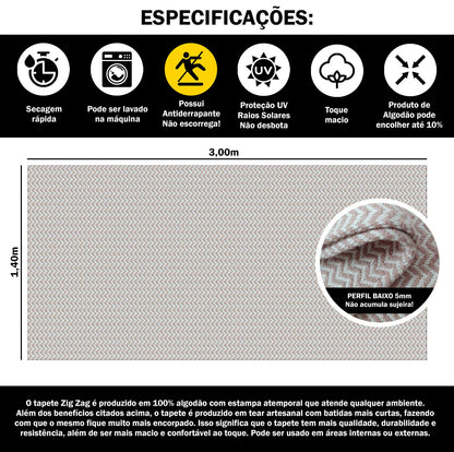 Tapete para Sala e Quarto 300x140cm Antiderrapante Zig Zag Nude