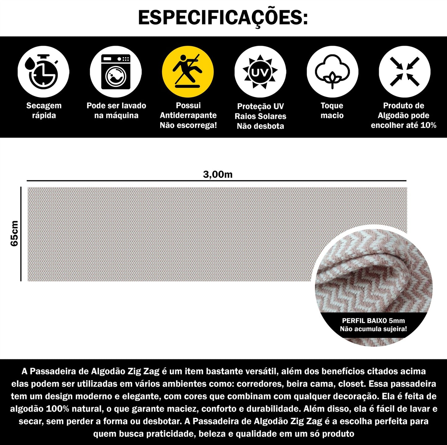 Passadeira Antiderrapante 300x65cm Beira de Cama Zig Zag Nude